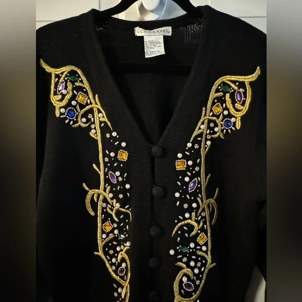 80’s Victoria Jones Embroidered Beaded Embellished Black Gold Cardigan Fran Fine - Picture 9 of 14